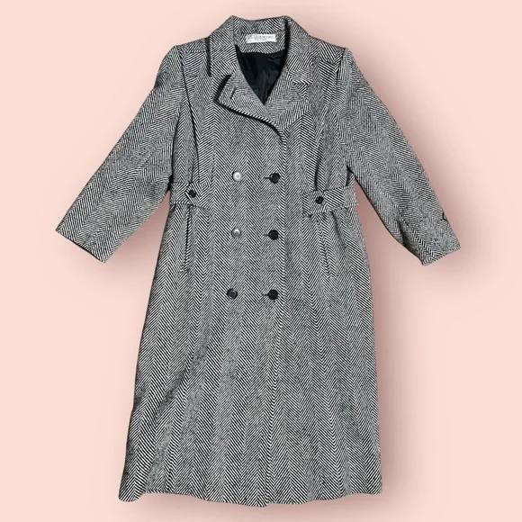 Vintage Alorna- Made in USA- Black and White Herringbone Double Breasted Coat - Picture 1 of 13